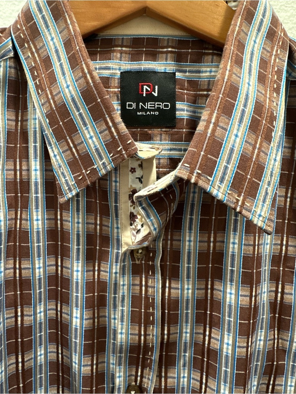 Di Nero Brown Plaid Button-Down Shirt with Blue Stripes large business office